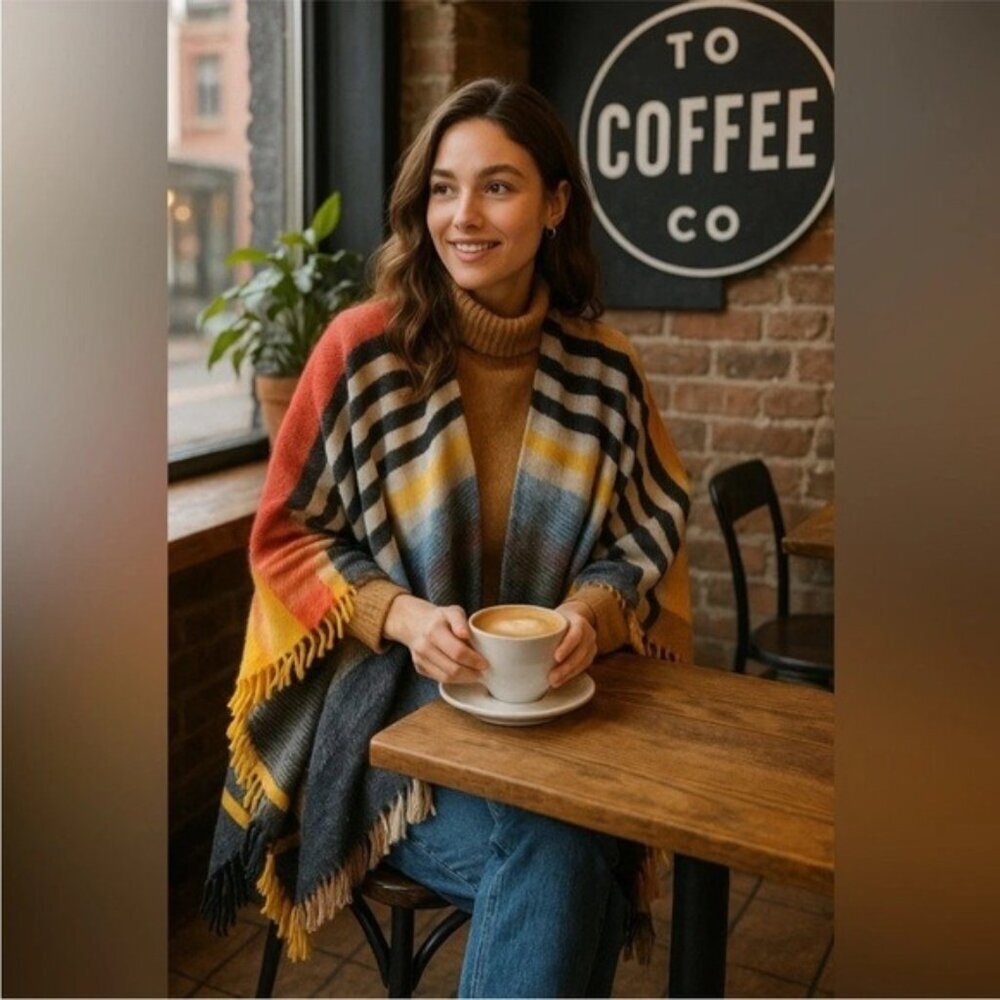 Anthropologie By Anthropologie – Colorful Striped Wool Blend Fringe Ruana Poncho